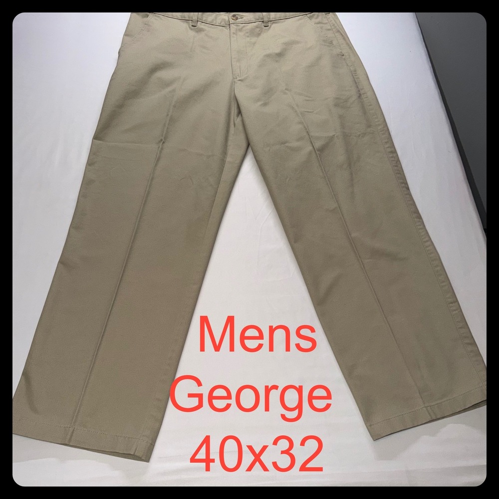 George Chino Pants‎ Mens 42x32 Barley Tan Flat Front Cotton Blend Casual Chinos